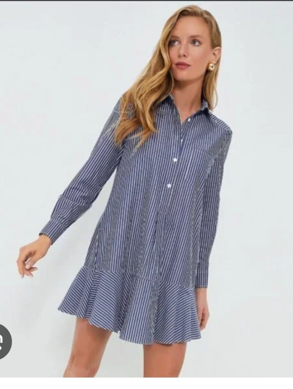 Tuckernuck Cotton Striped Navy Shirt Dress with Ruffle Hem - Women